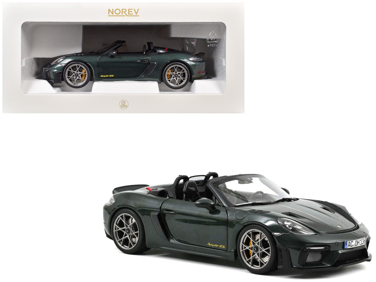 2023 Porsche 718 Spyder RS Weissach Pack Forest Green Metallic with Carbon Hood Stripes 1/18 Diecast Model Car by Norev free shipping USA - Rapid Vehicles