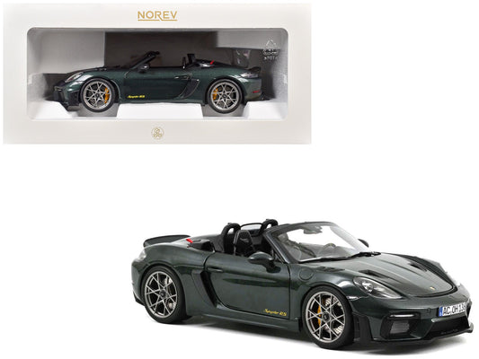 2023 Porsche 718 Spyder RS Weissach Pack Forest Green Metallic with Carbon Hood Stripes 1/18 Diecast Model Car by Norev free shipping USA - Rapid Vehicles