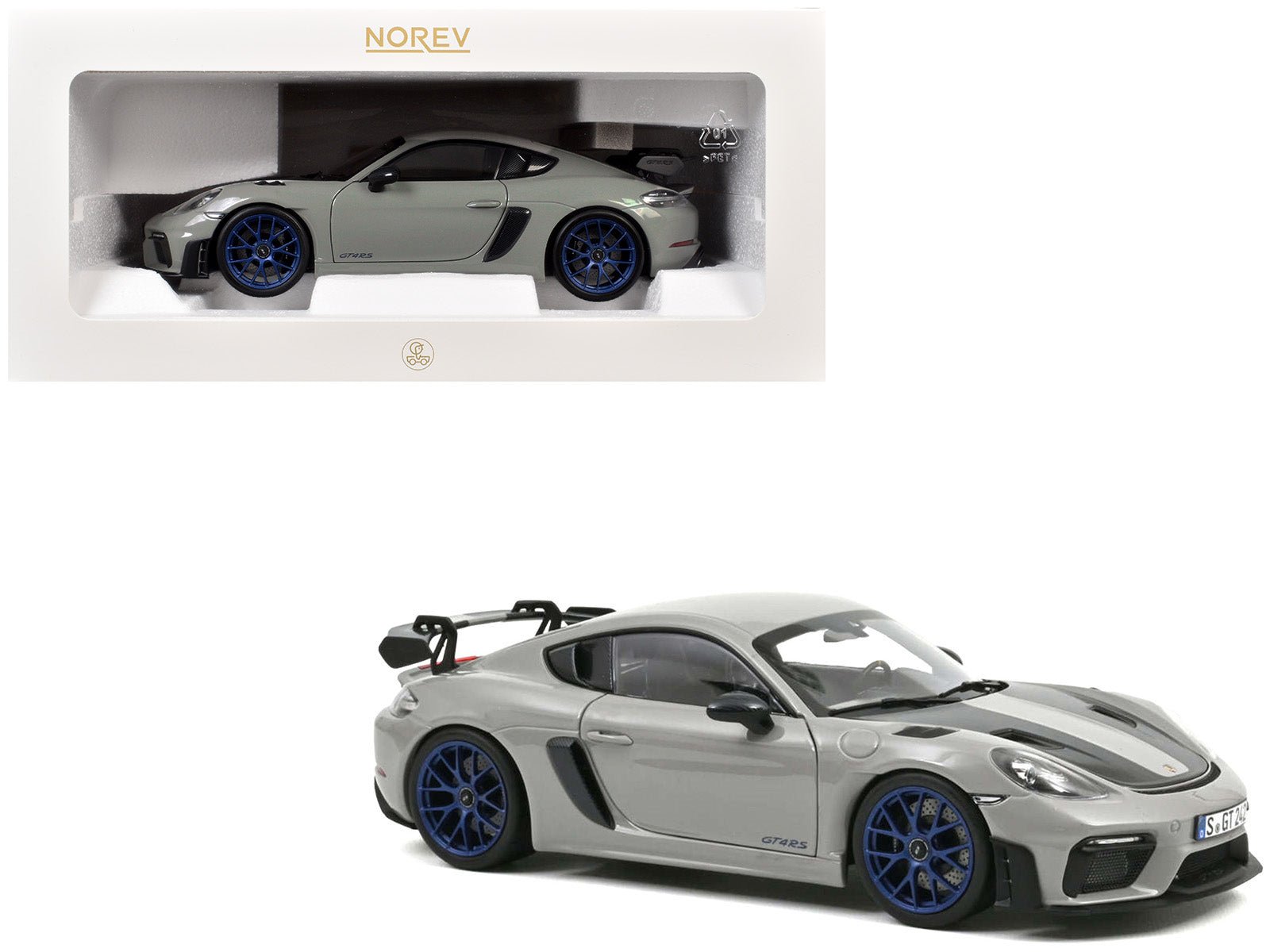 2023 Porsche Cayman GT4 RS Weissach Pack Chalk Gray with Carbon Hood Stripes 1/18 Diecast Model Car by Norev free shipping USA - Rapid Vehicles