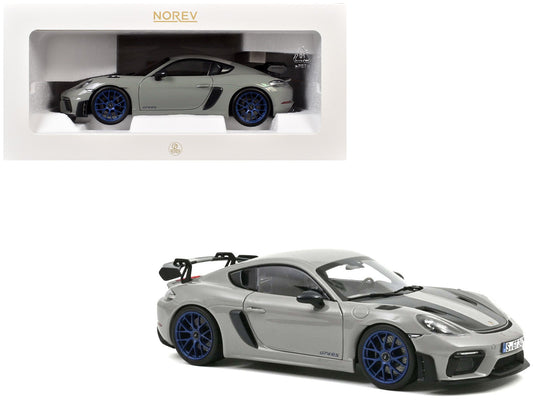 2023 Porsche Cayman GT4 RS Weissach Pack Chalk Gray with Carbon Hood Stripes 1/18 Diecast Model Car by Norev free shipping USA - Rapid Vehicles