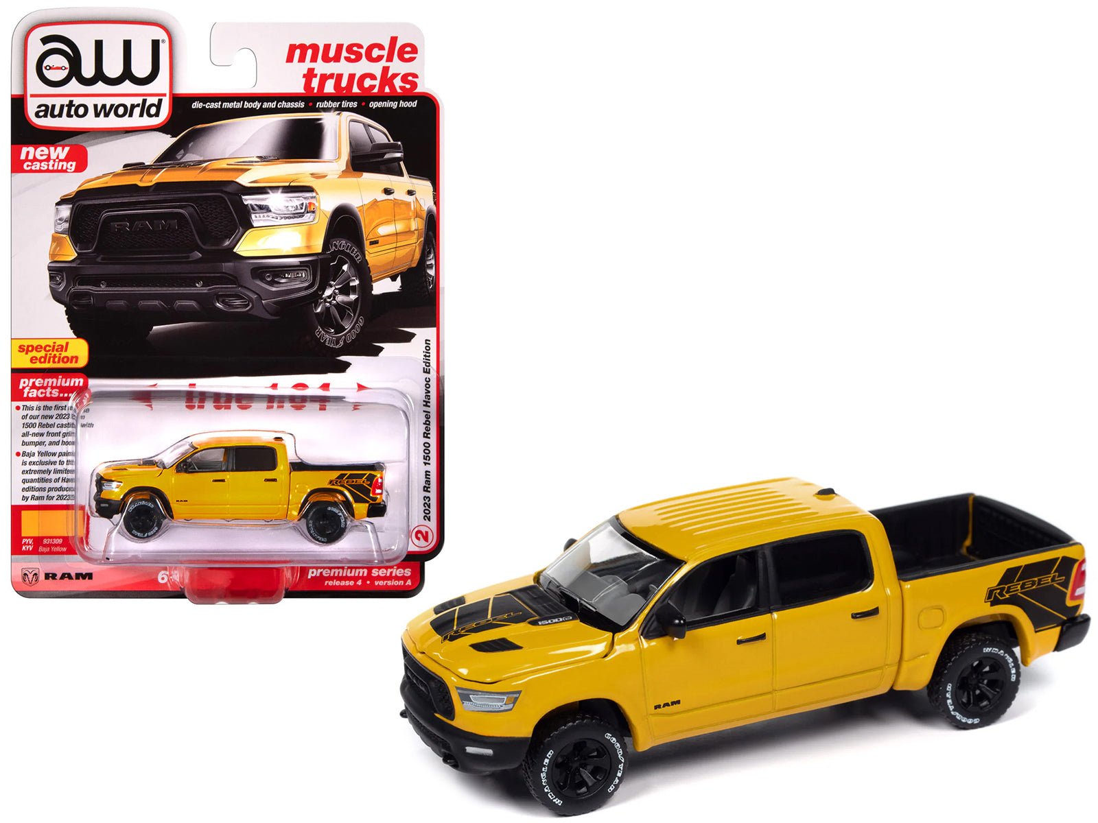 2023 Ram 1500 Rebel Havoc Edition Pickup Truck Baja Yellow "Muscle Trucks" Series 1/64 Diecast Model Car by Auto World free shipping USA - Rapid Vehicles