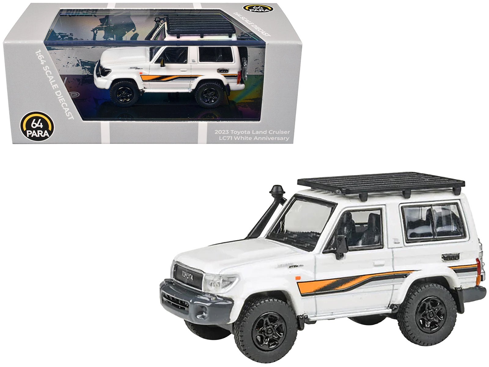 2023 Toyota Land Cruiser 71 White "70th Anniversary" with Stripes and Roofrack 1/64 Diecast Model Car by Paragon Models free shipping USA - Rapid Vehicles