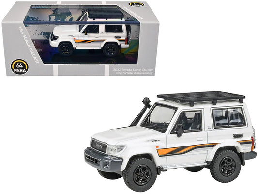2023 Toyota Land Cruiser 71 White "70th Anniversary" with Stripes and Roofrack 1/64 Diecast Model Car by Paragon Models free shipping USA - Rapid Vehicles