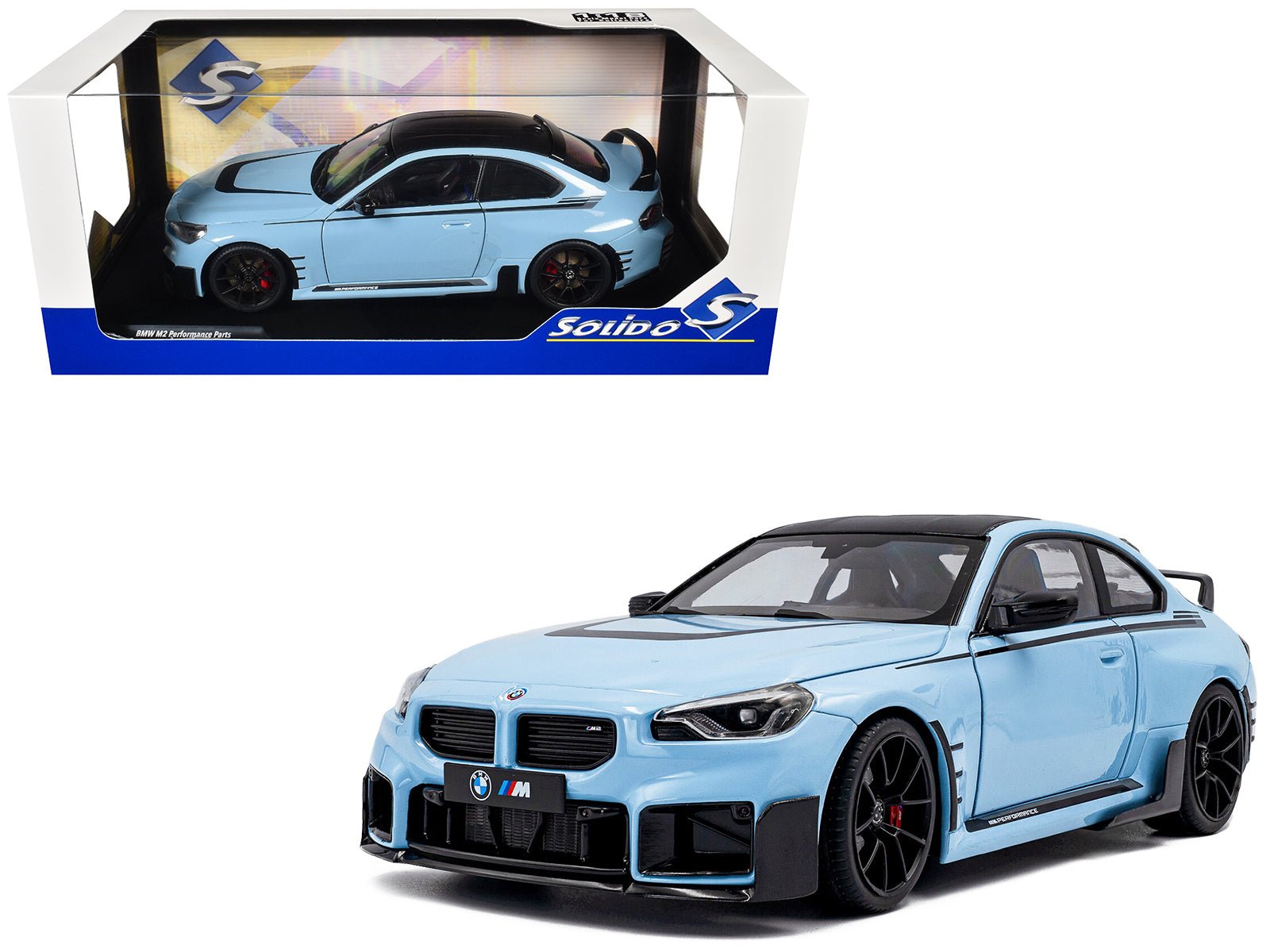2024 BMW M2 Performance Parts Zandvoort Blue with Carbon Top and Black Stripes 1/18 Diecast Model Car by Solido free shipping USA - Rapid Vehicles