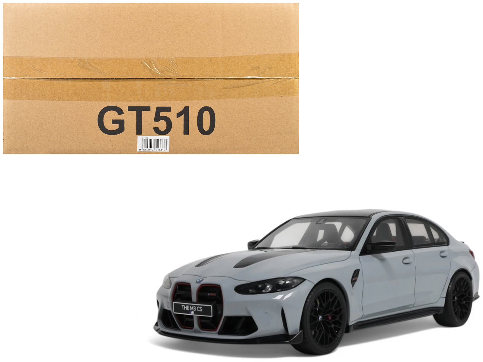 2024 BMW M3 CS M Brooklyn Gray Metallic with Black Top and Hood Stripes 1/18 Model Car by GT Spirit free shipping USA - Rapid Vehicles
