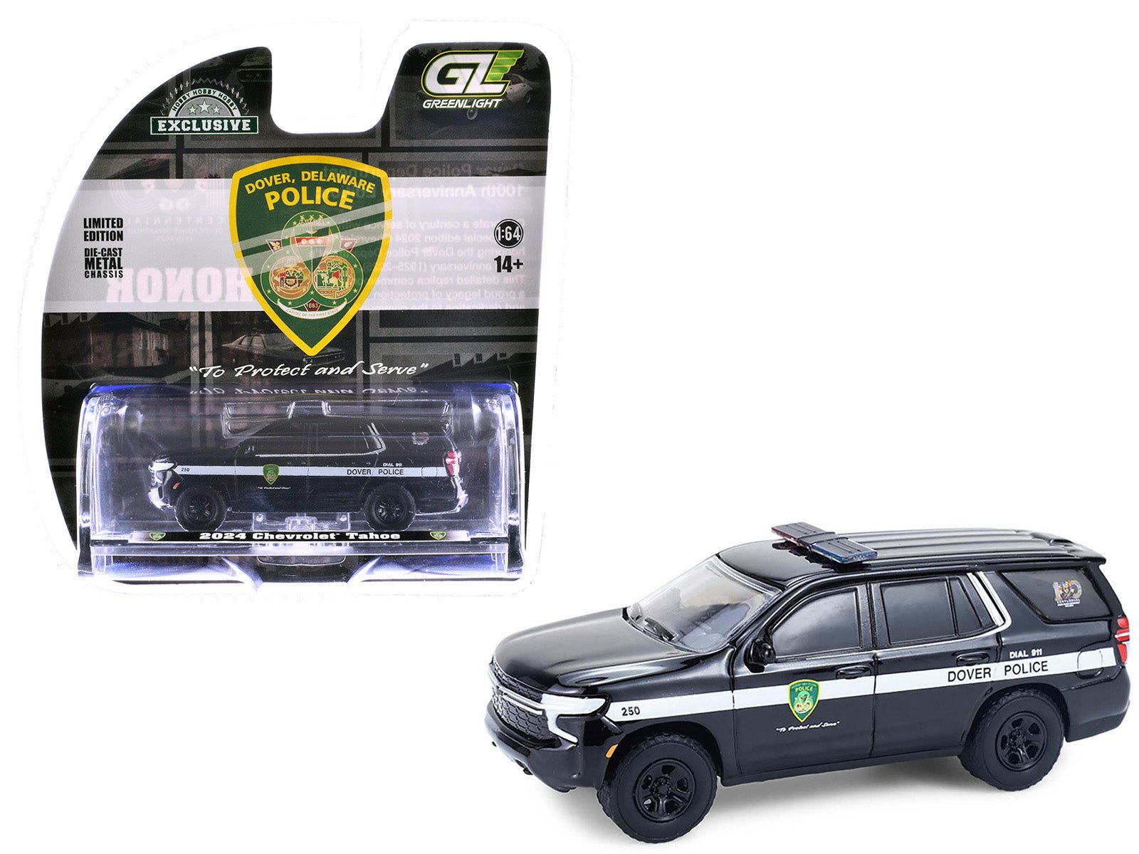 2024 Chevrolet Tahoe Police Pursuit Vehicle "Dover Police – 100th Anniversary Edition" Black with White Stripes "Hobby Exclusive" Series 1/64 Diecast Model Car by Greenlight free shipping USA - Rapid Vehicles