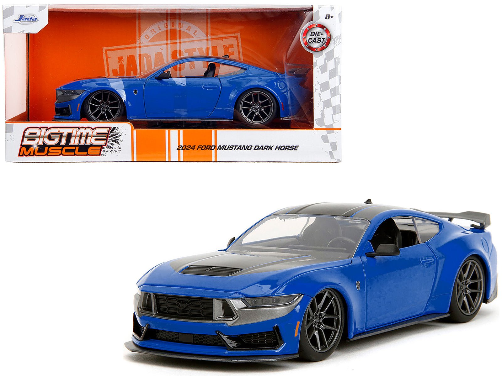 2024 Ford Mustang Dark Horse Blue Metallic with Black and Gray Stripes "Bigtime Muscle" Series 1/24 Diecast Model Car by Jada free shipping USA - Rapid Vehicles