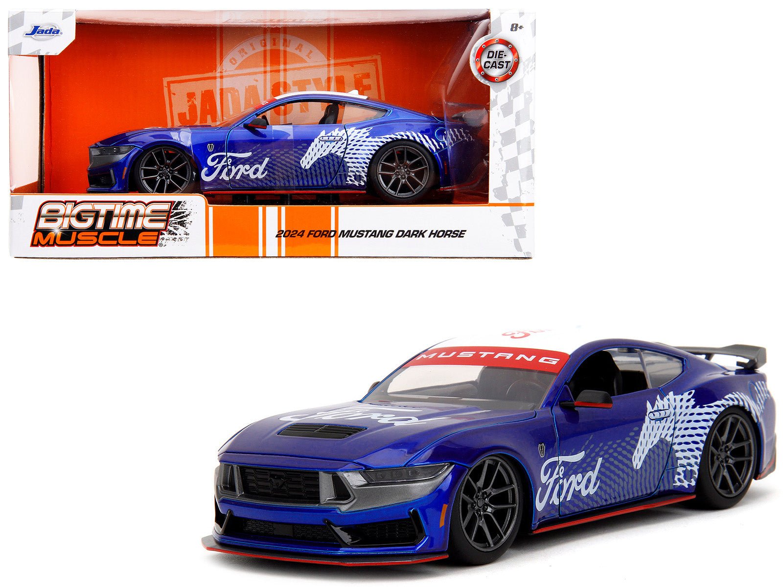 2024 Ford Mustang Dark Horse Candy Blue with White Top and "Mustang Horse Graphics" "Bigtime Muscle" Series 1/24 Diecast Model Car by Jada free shipping USA - Rapid Vehicles