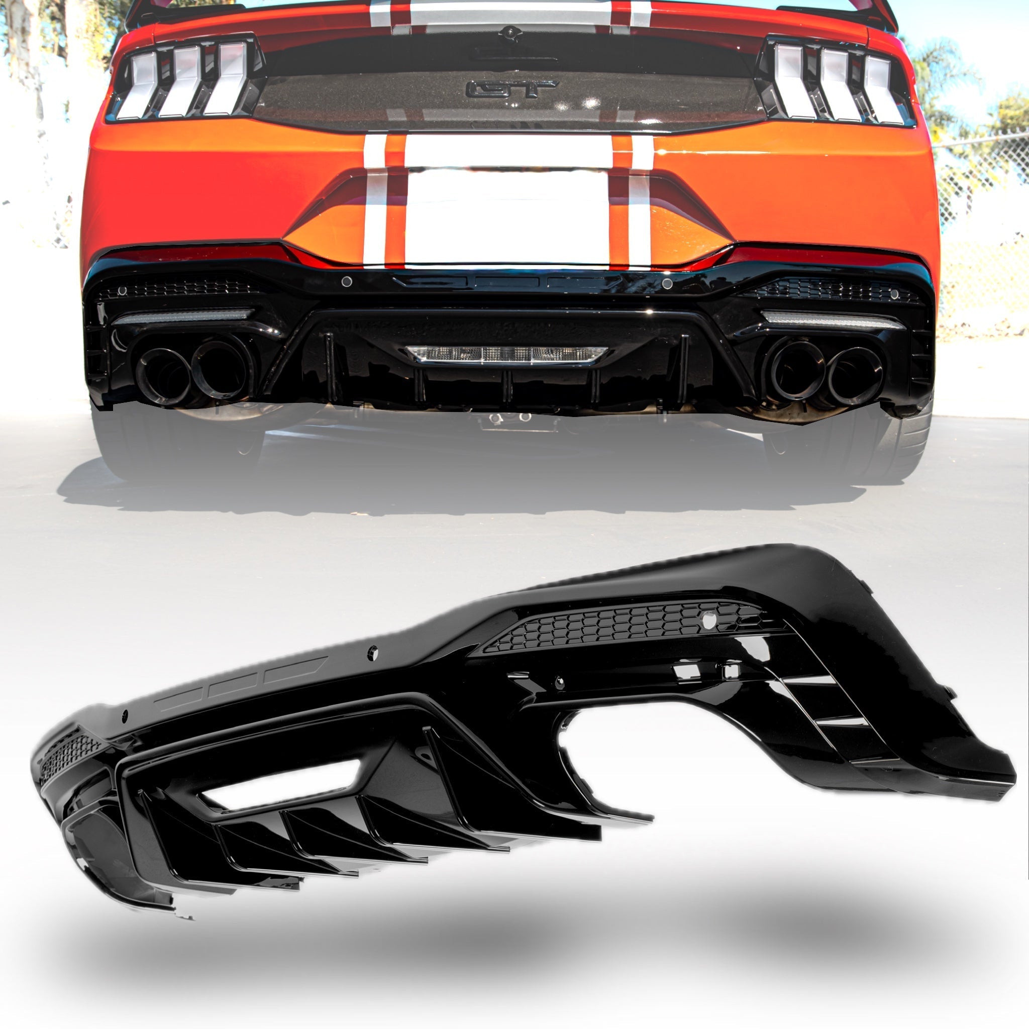 2024+ Ford Mustang Dark Horse Rear Diffuser Gloss Black Quad Tips - Rapid Vehicles