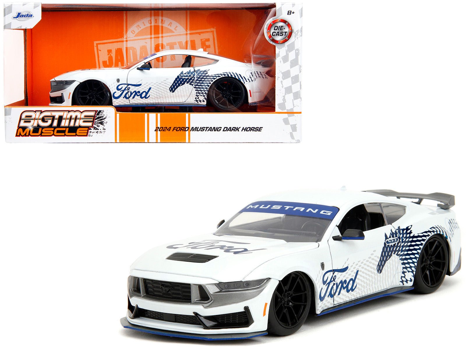 2024 Ford Mustang Dark Horse White with "Mustang Horse Graphics" "Bigtime Muscle" Series 1/24 Diecast Model Car by Jada free shipping USA - Rapid Vehicles