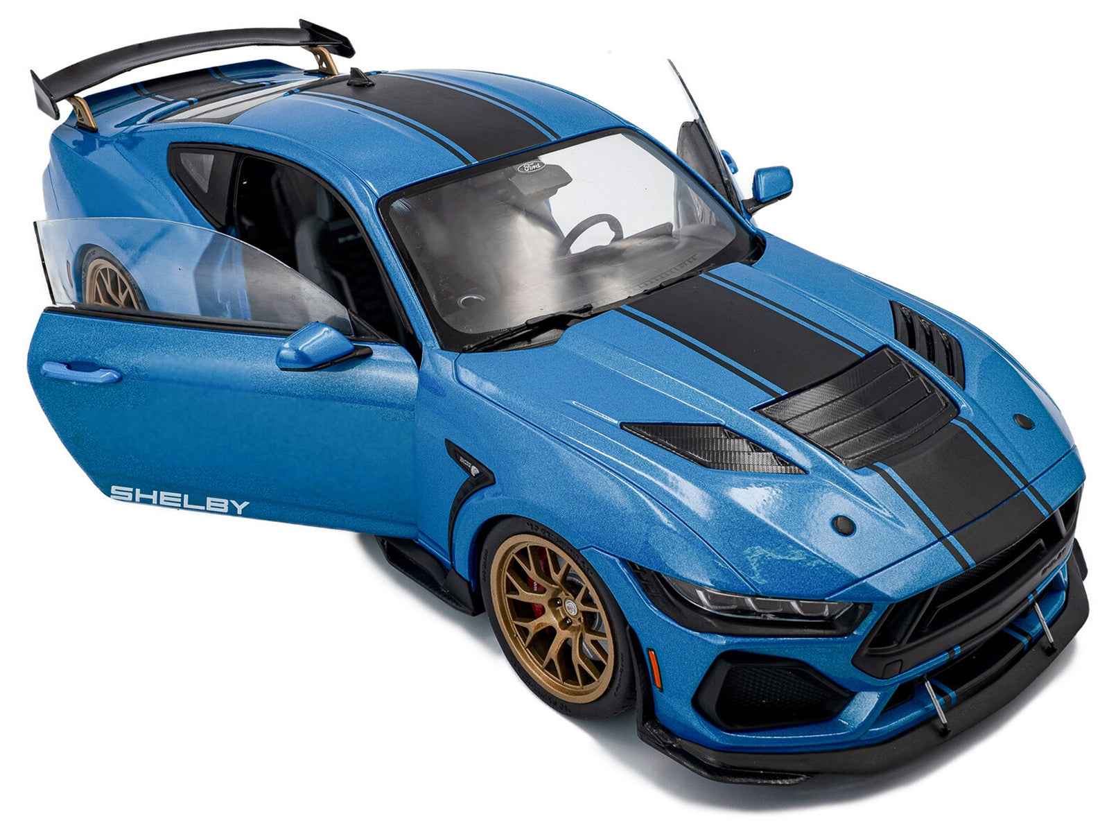 2024 Ford Shelby Mustang Super Snake Grabber Blue Metallic with Black Stripes 1/18 Diecast Model Car by Solido - Rapid Vehicles