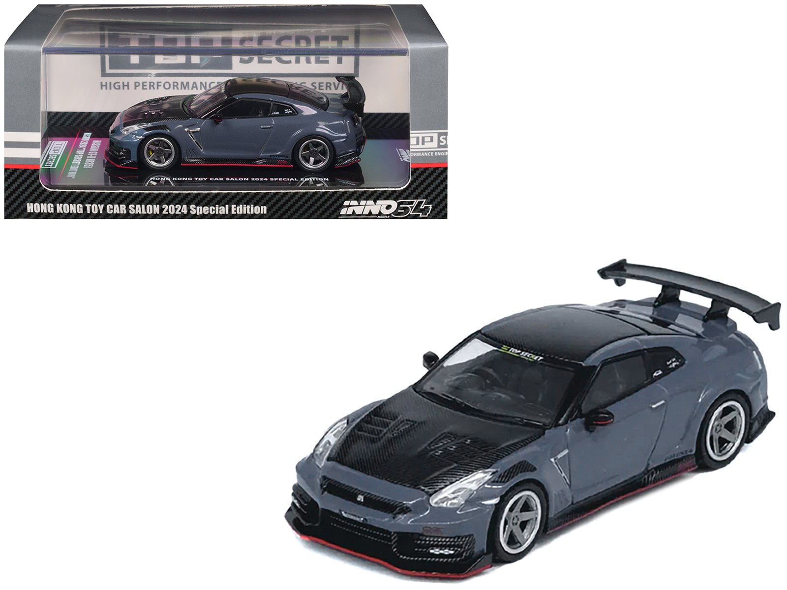 2024 Nissan GT - R (R35) Nismo "Top Secret" RHD (Right Hand Drive) Gray with Carbon Hood and Top "Hong Kong Toy Car Salon 2024 Special Edition" 1/64 Diecast Model Car by Inno Models free shipping USA - Rapid Vehicles