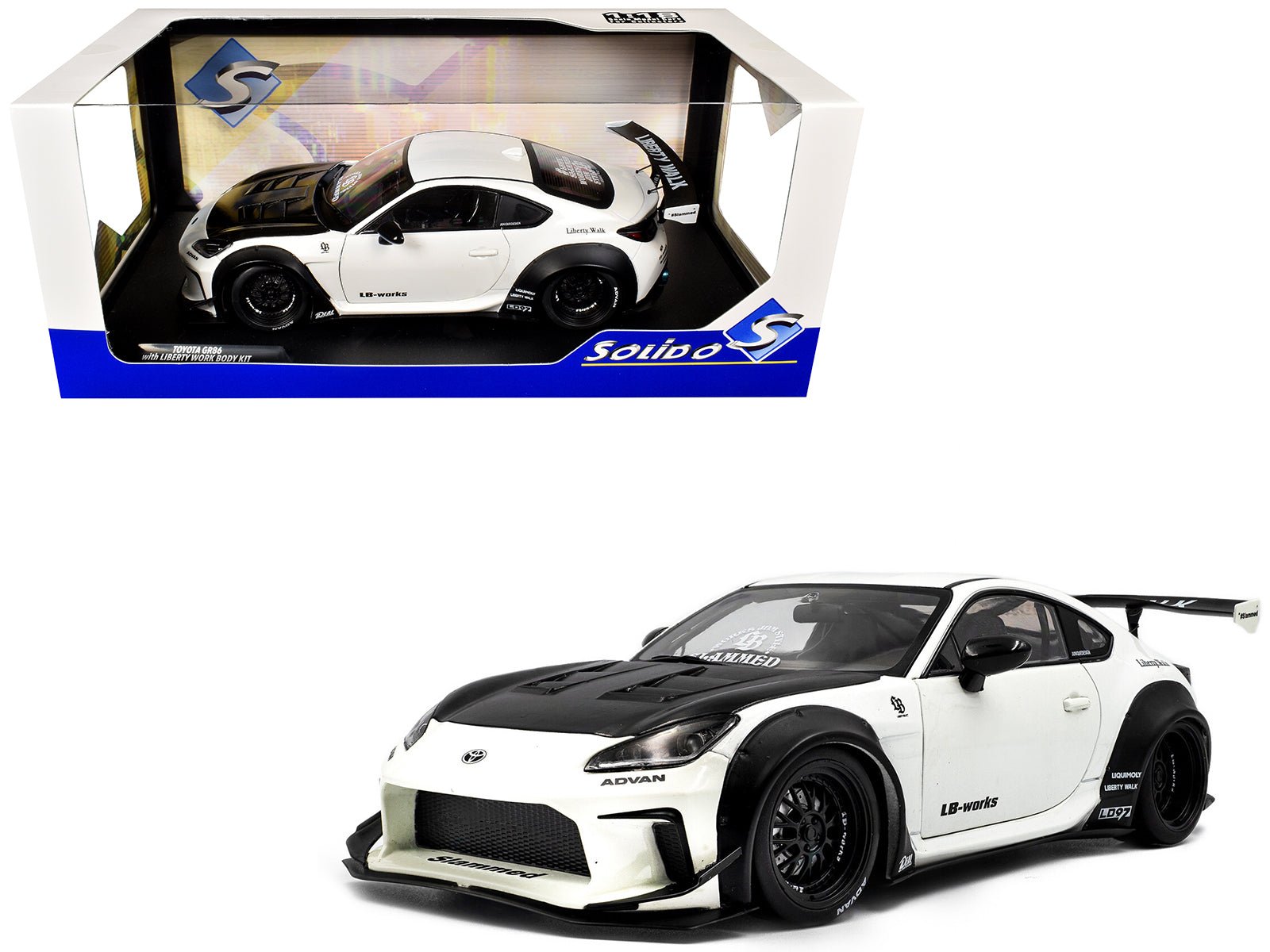2024 Toyota GR86 LBWK Body Kit RHD (Right Hand Drive) Pearl White with Carbon Hood 1/18 Diecast Model Car by Solido free shipping USA - Rapid Vehicles