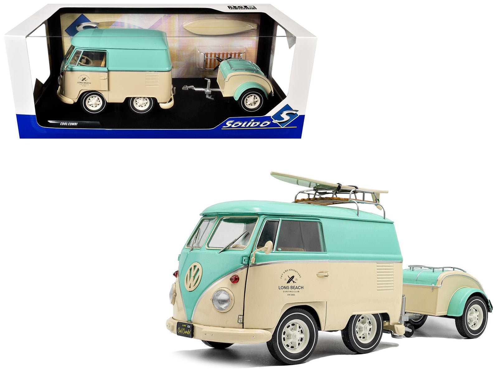 2024 Volkswagen Cool Combi Van with Trailer "Long Beach Surfing Club" Mint Green and Cream with Roof Rack and Surfboard 1/18 Diecast Model Car by Solido free shipping USA - Rapid Vehicles