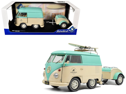 2024 Volkswagen Cool Combi Van with Trailer "Long Beach Surfing Club" Mint Green and Cream with Roof Rack and Surfboard 1/18 Diecast Model Car by Solido free shipping USA - Rapid Vehicles