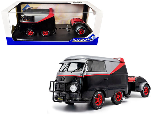 2024 Volkswagen Kool Kombi Sport Van with Trailer Black and Silver with Red Stripe 1/18 Diecast Model Car by Solido free shipping USA - Rapid Vehicles
