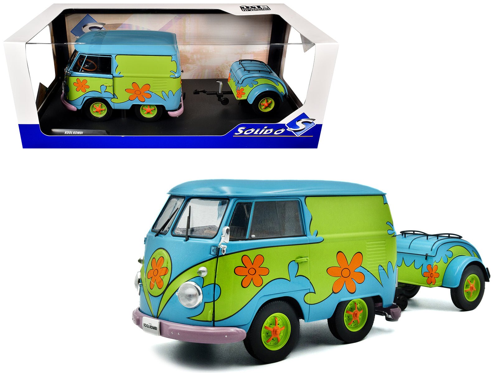 2024 Volkswagen Kool Kombi Van with Trailer "Ghost Hunter" Blue and Green with Graphics 1/18 Diecast Model Car by Solido free shipping USA - Rapid Vehicles