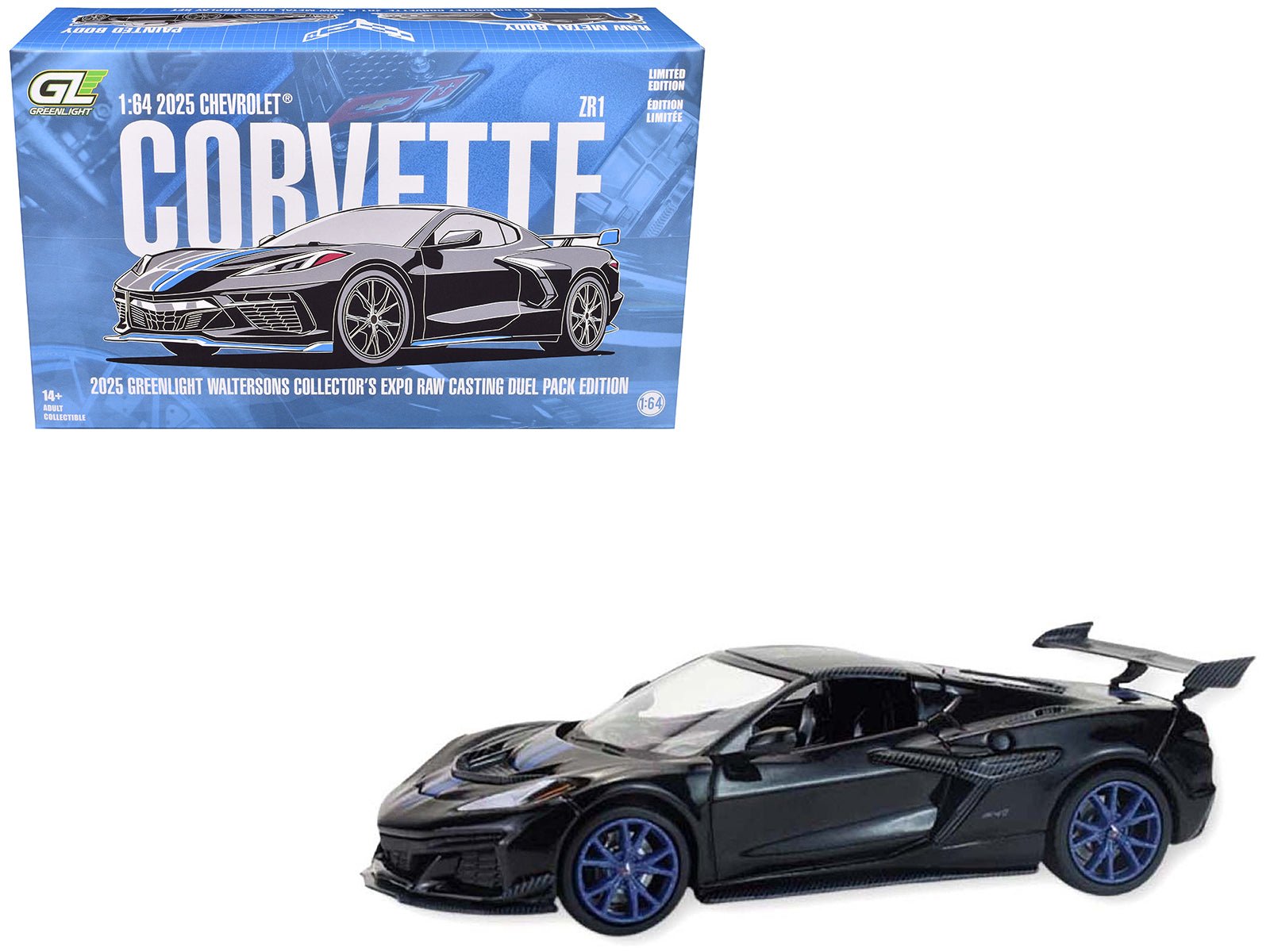 2025 Chevrolet Corvette C8 ZR1 Black with Blue Stripes with Raw Casting Dual Pack "2025 Greenlight Waltersons Collector's Expo Exclusive" 1/64 Diecast Model Car by Greenlight free shipping USA - Rapid Vehicles