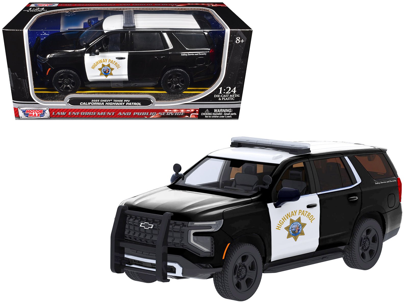 2025 Chevrolet Tahoe Police Pursuit Vehicle "California Highway Patrol" Black and White "Law Enforcement and Public Service" Series 1/24 Diecast Model Car by Motormax free shipping USA - Rapid Vehicles
