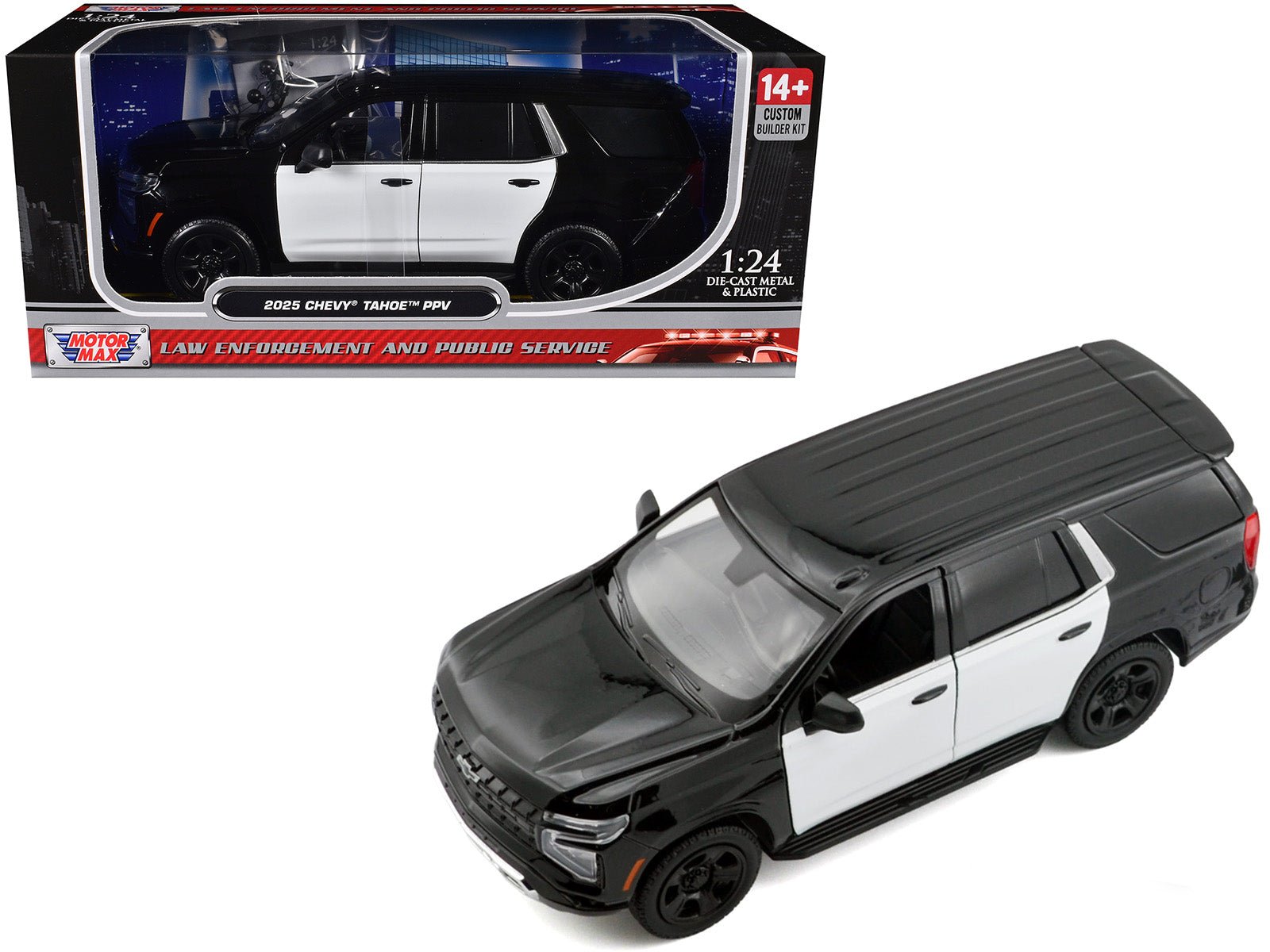 2025 Chevrolet Tahoe PPV Black and White "Custom Builder's Kit - Law Enforcement and Public Service" Series 1/24 Diecast Model Car by Motormax free shipping USA - Rapid Vehicles