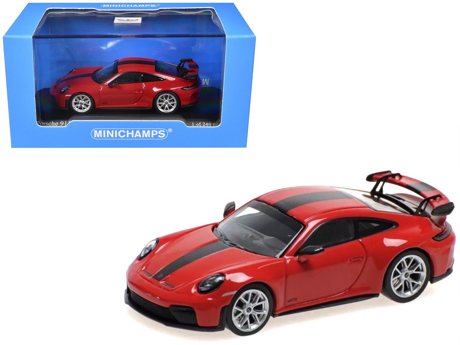 2025 Porsche 911 (992.2) GT3 Weissach Package Red with Carbon Stripe Limited Edition to 240 pieces Worldwide 1/64 Diecast Model Car by Minichamps free shipping USA - Rapid Vehicles