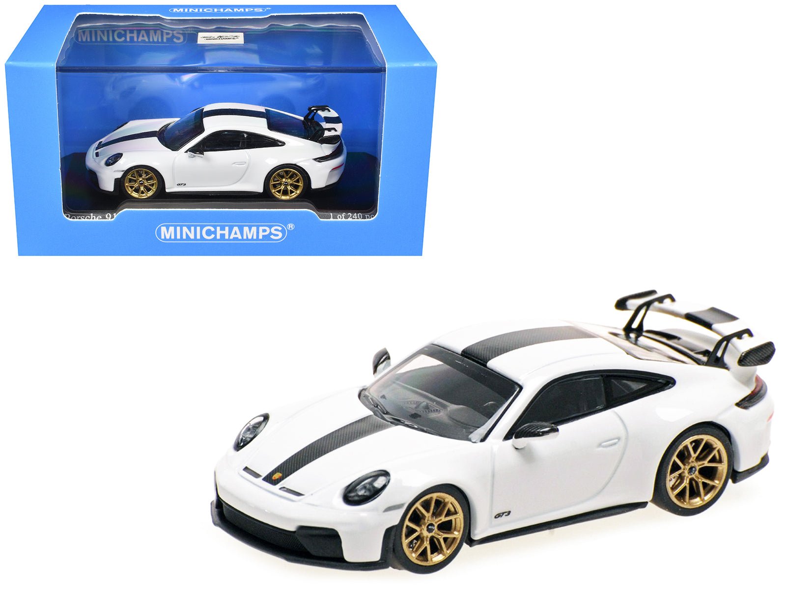2025 Porsche 911 (992.2) GT3 Weissach Package White with Carbon Stripe Limited Edition to 240 pieces Worldwide 1/64 Diecast Model Car by Minichamps free shipping USA - Rapid Vehicles