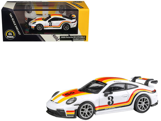 2025 Porsche 911 GT3 (992.2) 3 "Andial Livery" White with Stripes 1/64 Diecast Model Car by Paragon Models free shipping USA - Rapid Vehicles