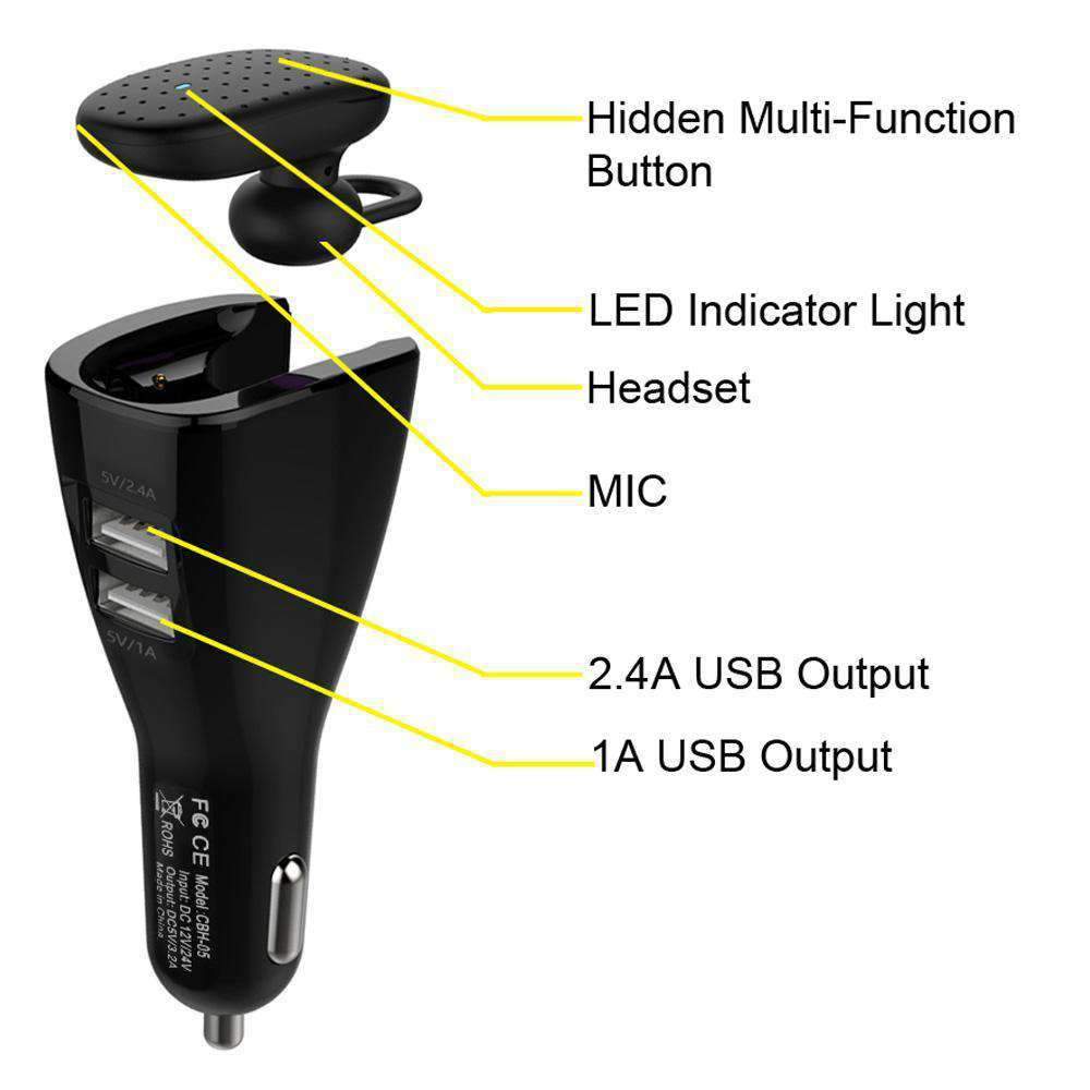 CBH-05 Bluetooth Headset with Dual USB Port Car Charger - Premium Audio & Video from Silver Millie - Just $5.99! Shop now at Rapidvehicles