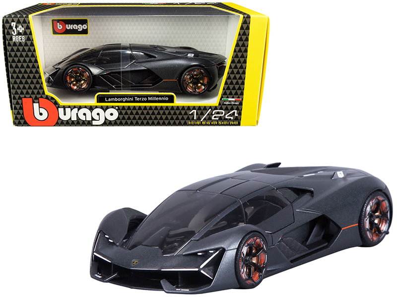 Lamborghini Terzo Millennio Dark Gray Metallic with Black Top and Carbon Accents 1/24 Diecast Model Car by Bburago free shipping USA