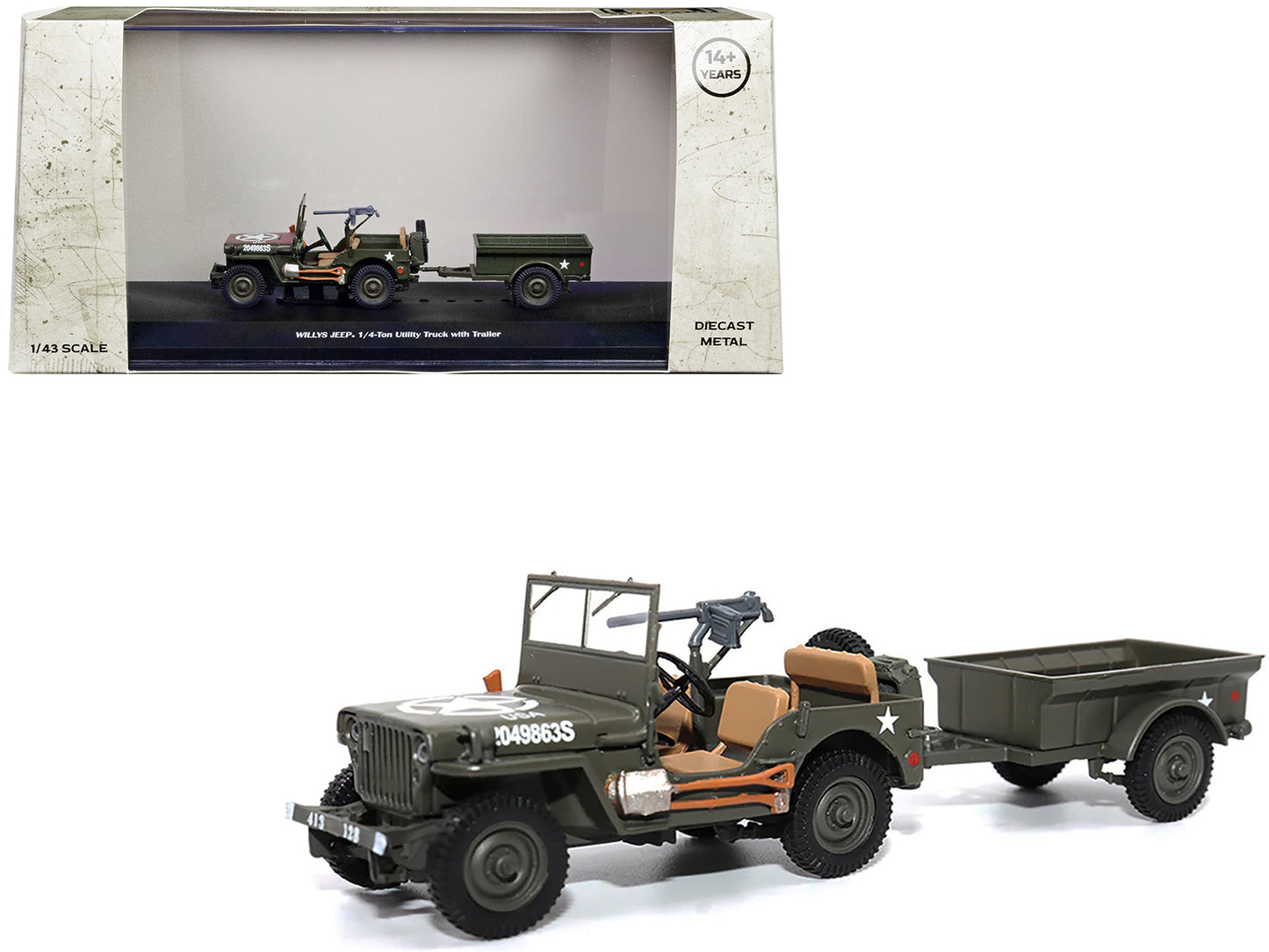 Willys Jeep 1/4-Ton Utility Truck Olive Drab with Trailer "United States Army" 1/43 Diecast Model by Militaria Die Cast - Use code SHOPAPP15 to get 15 percent off