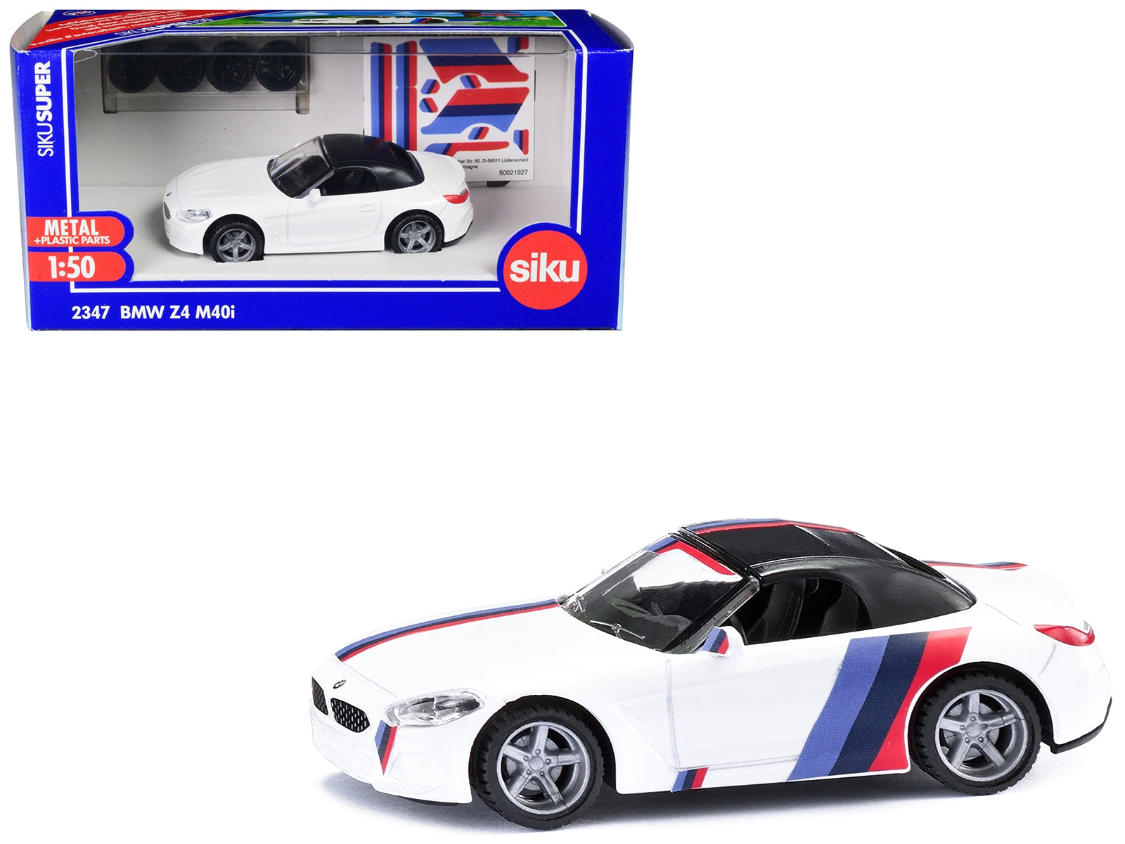 BMW Z4 M40i Cabriolet White with Black Top with Extra Wheels and Decals 1/50 Diecast Model by Siku - Premium BMW Models from SIKU - Just $30.99! Shop now at Rapidvehicles