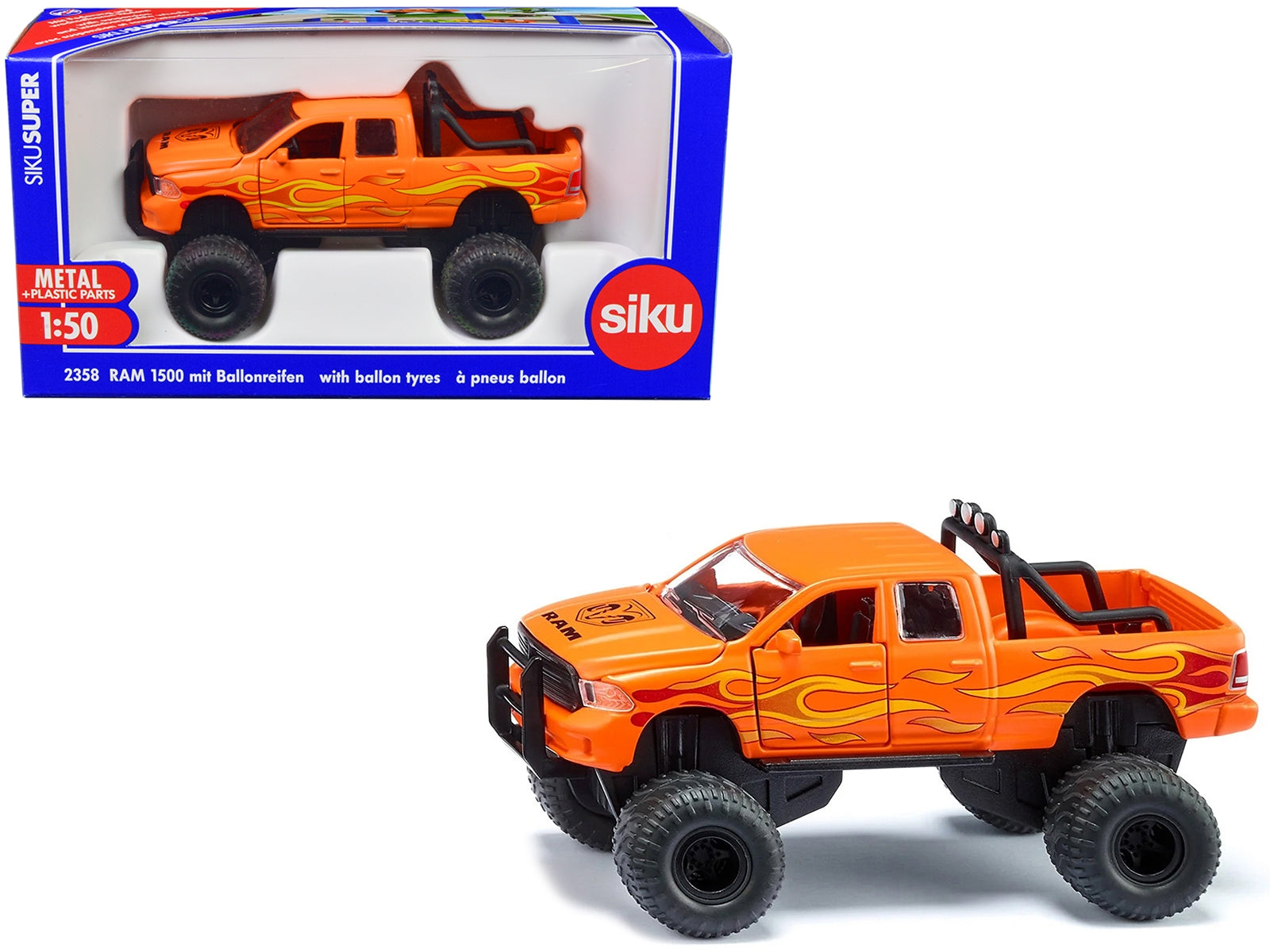 Ram 1500 Pickup Truck Lifted with Balloon Tires Orange with - Premium RAM Models from SIKU - Just $51.99! Shop now at Rapidvehicles