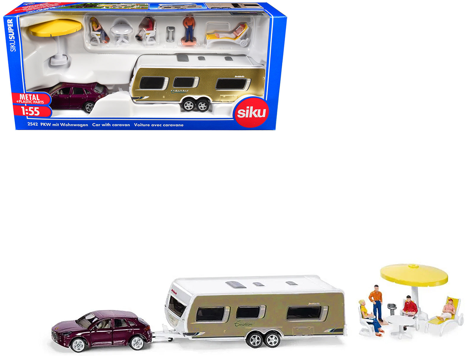 Porsche Macan Turbo Maroon Metallic and Dethleffs Exclusiv Emotion Caravan with Figures and Camp Accessories Set 1/55 Diecast Model by Siku free shipping USA