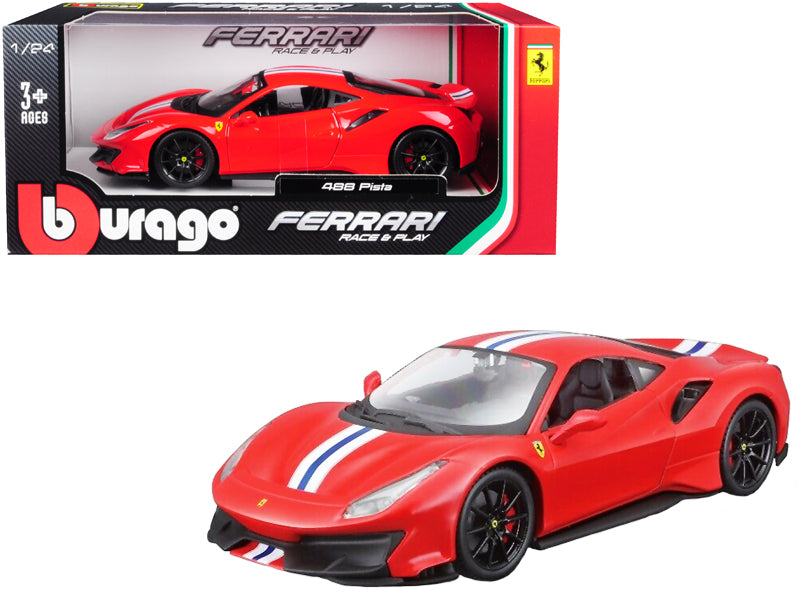 Ferrari 488 Pista Red with White and Blue Stripes 1/24 Diecast Model Car by Bburago  free shipping USA