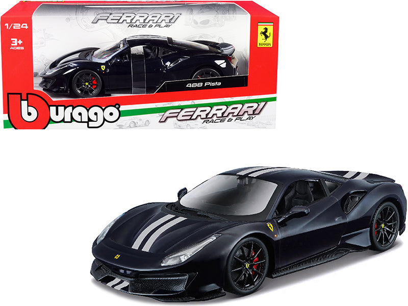 Ferrari 488 Pista Dark Blue Metallic with Silver Stripes 1/24 Diecast Model Car by Bburago free shipping USA