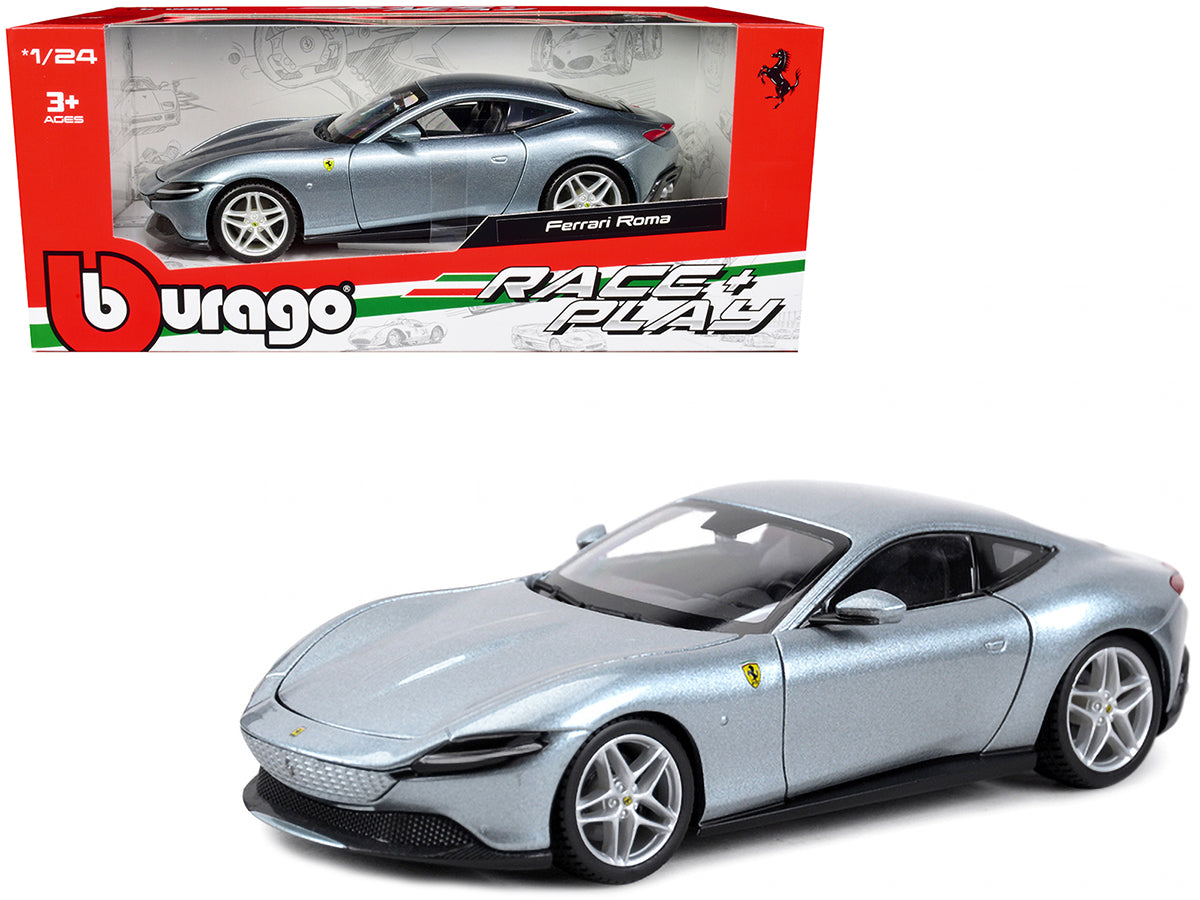 Ferrari Roma Gray Metallic "Race + Play" Series 1/24 Diecast Model Car by Bburago free shipping USA