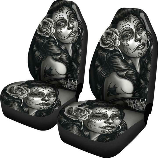 Color: Black, Style: Double seat - Black And White Tattooed Woman - Premium Automobiles Seat Covers from Rapidvehicles - Just $37.99! Shop now at Rapidvehicles