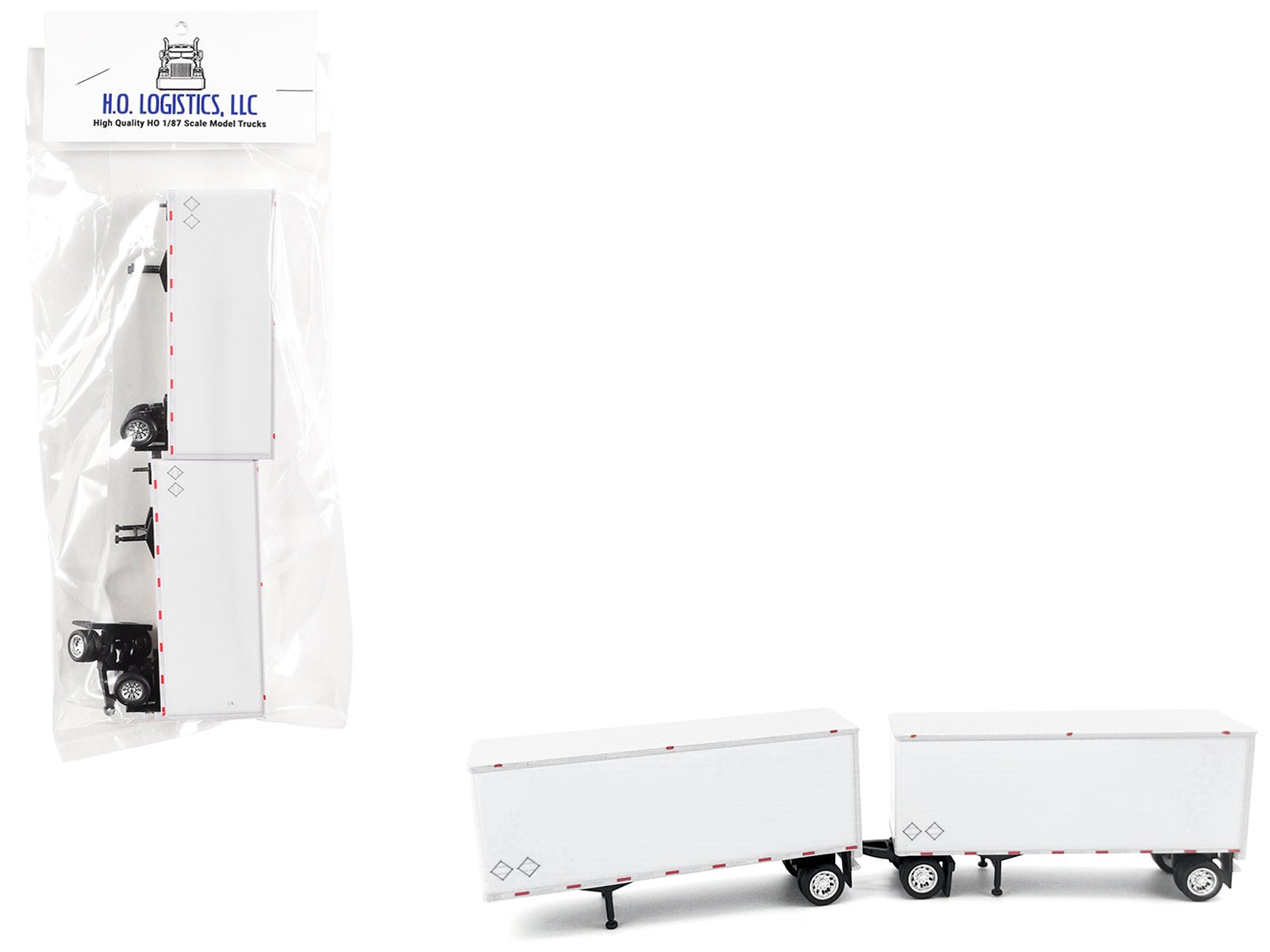 28' Dry Van Double Pup Trailers White Set of 2 pieces 1/87 (HO) Scale Plastic Model by HO Logistics free shipping USA - Rapid Vehicles