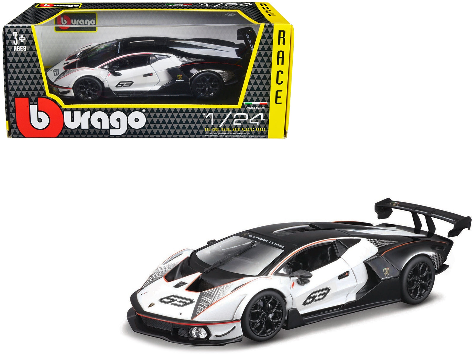 Lamborghini Essenza SCV12 #63 White and Black "Squadra Corse" - Premium Lamborghini Models from Bburago - Just $56.69! Shop now at Rapidvehicles