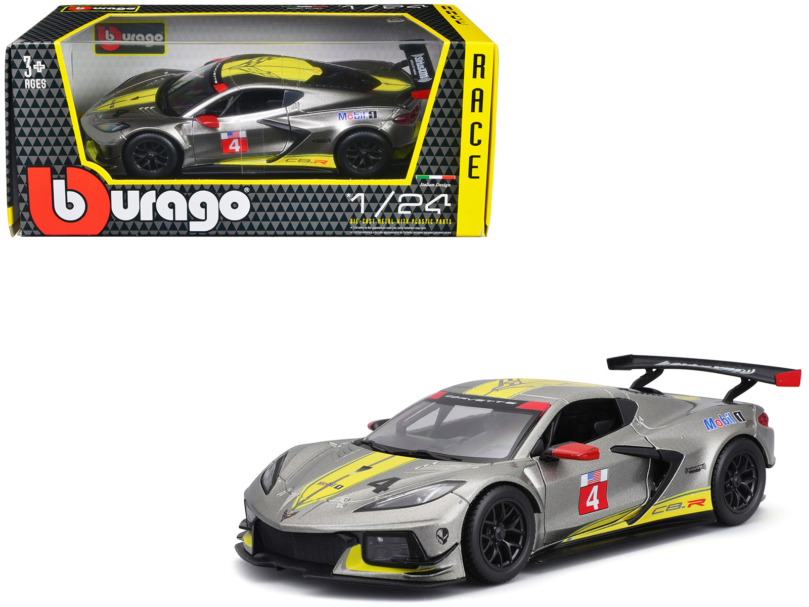 2020 Chevrolet Corvette C8.R #4 Silver Metallic with Yellow Stripes "Race" Series 1/24 Diecast Model Car by Bburago free shipping USA