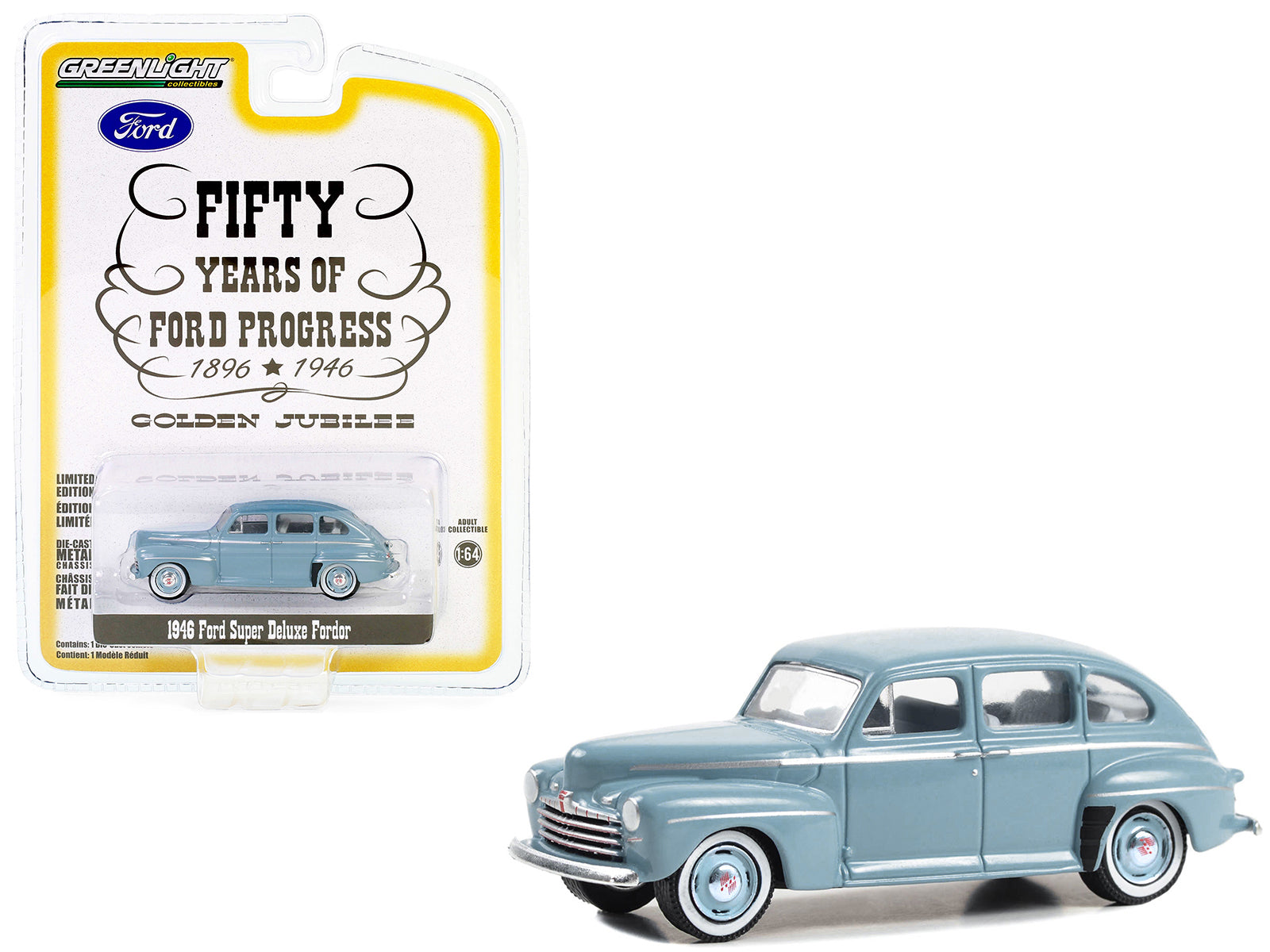 1946 Ford Super Deluxe Fordor Light Blue "Fifty Years of Ford Progress - Golden Jubilee" "Anniversary Collection" Series 16 1/64 Diecast Model Car by Greenlight free shipping USA