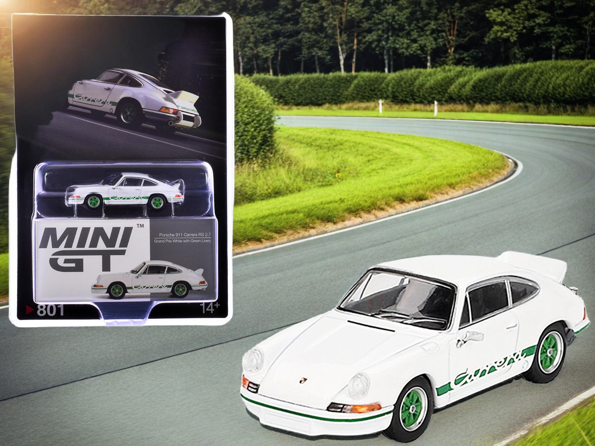 Porsche 911 Carrera RS 2.7 Grand Prix White with Green Stripes and Wheels Limited Edition 1/64 Diecast Model Car by Mini GT - Use code SHOPAPP15 to get 15 percent off