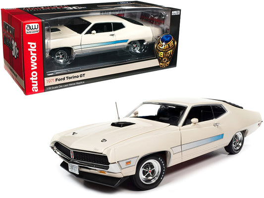 1971 Ford Torino GT Wimbledon White with Blue Laser Stripes - Premium  from Rapidvehicles - Just $172.99! Shop now at Rapidvehicles