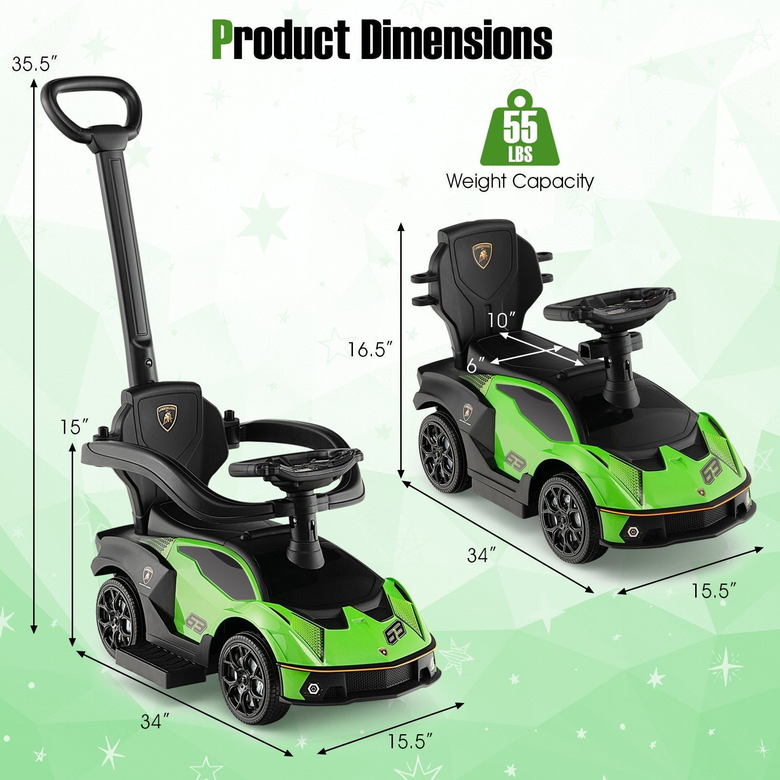 3-in-1 Licensed Lamborghini Ride on Push Car with Handle Guardrail - Rapid Vehicles