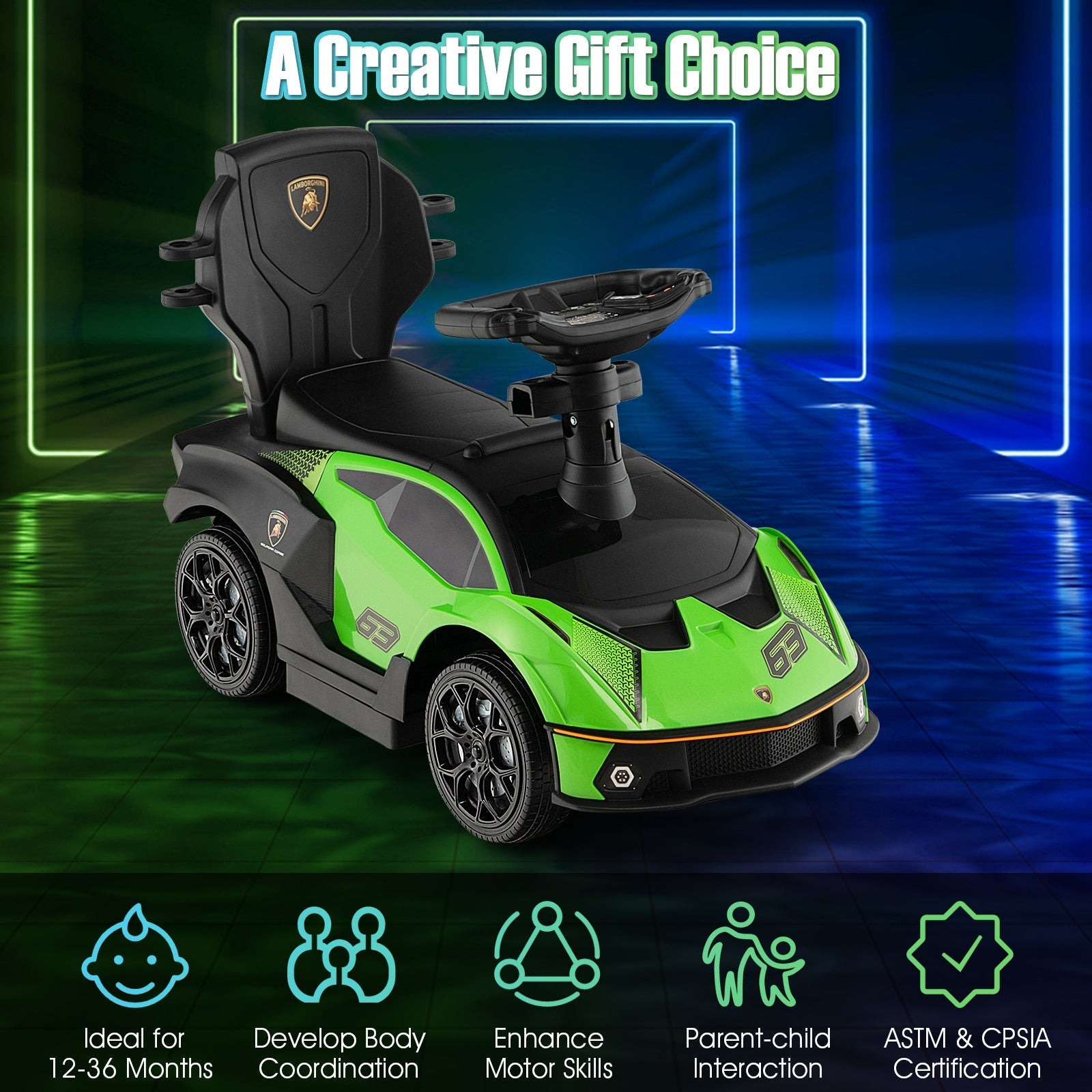 3-in-1 Licensed Lamborghini Ride on Push Car with Handle Guardrail - Rapid Vehicles