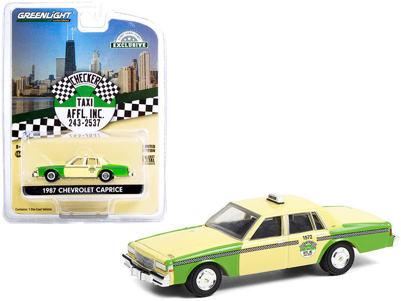 1987 Chevrolet Caprice Yellow and Green "Chicago Checker Taxi Affl Inc." "Hobby Exclusive" 1/64 Diecast Model Car by Greenlight free shipping USA