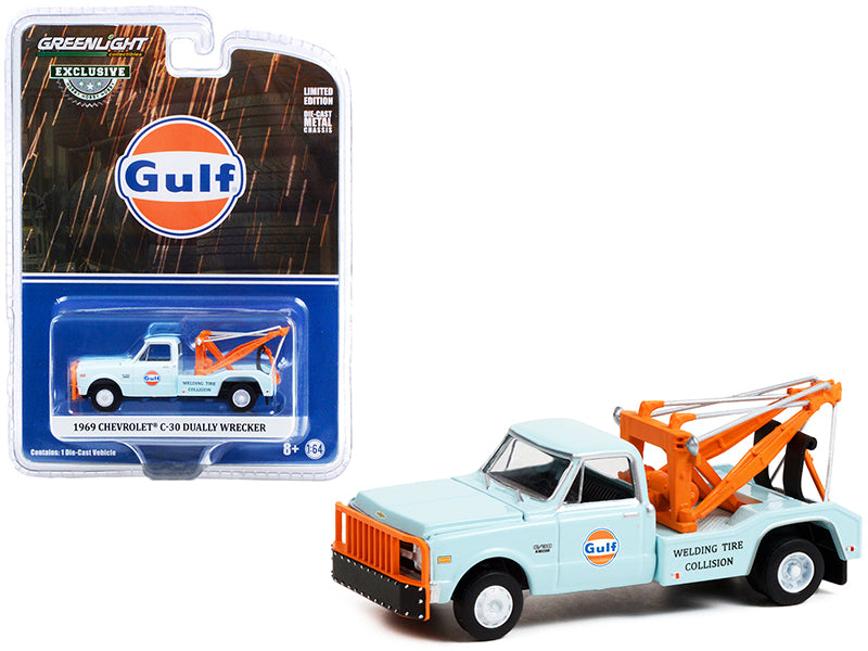 1969 Chevrolet C-30 Dually Wrecker Tow Truck "Gulf Oil" Light Blue "Welding Tire Collision" "Hobby Exclusive" 1/64 Diecast Model Car by Greenlight free shipping USA