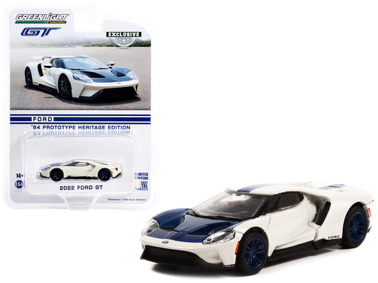 2022 Ford GT "1964 Prototype Heritage Edition" White Metallic with Blue Hood and Stripe "Hobby Exclusive" Series 1/64 Diecast Model Car by Greenlight free shipping USA