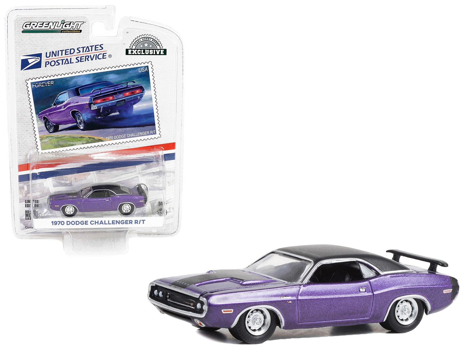 1970 Dodge Challenger R/T Purple Metallic with Matt Black Top USPS (United States Postal Service) "2022 Pony Car Stamp Collection by Artist Tom Fritz" "Hobby Exclusive" Series 1/64 Diecast Model Car by Greenlight - Premium USPS Models from Greenlight - Just $17.99! Shop now at Rapidvehicles