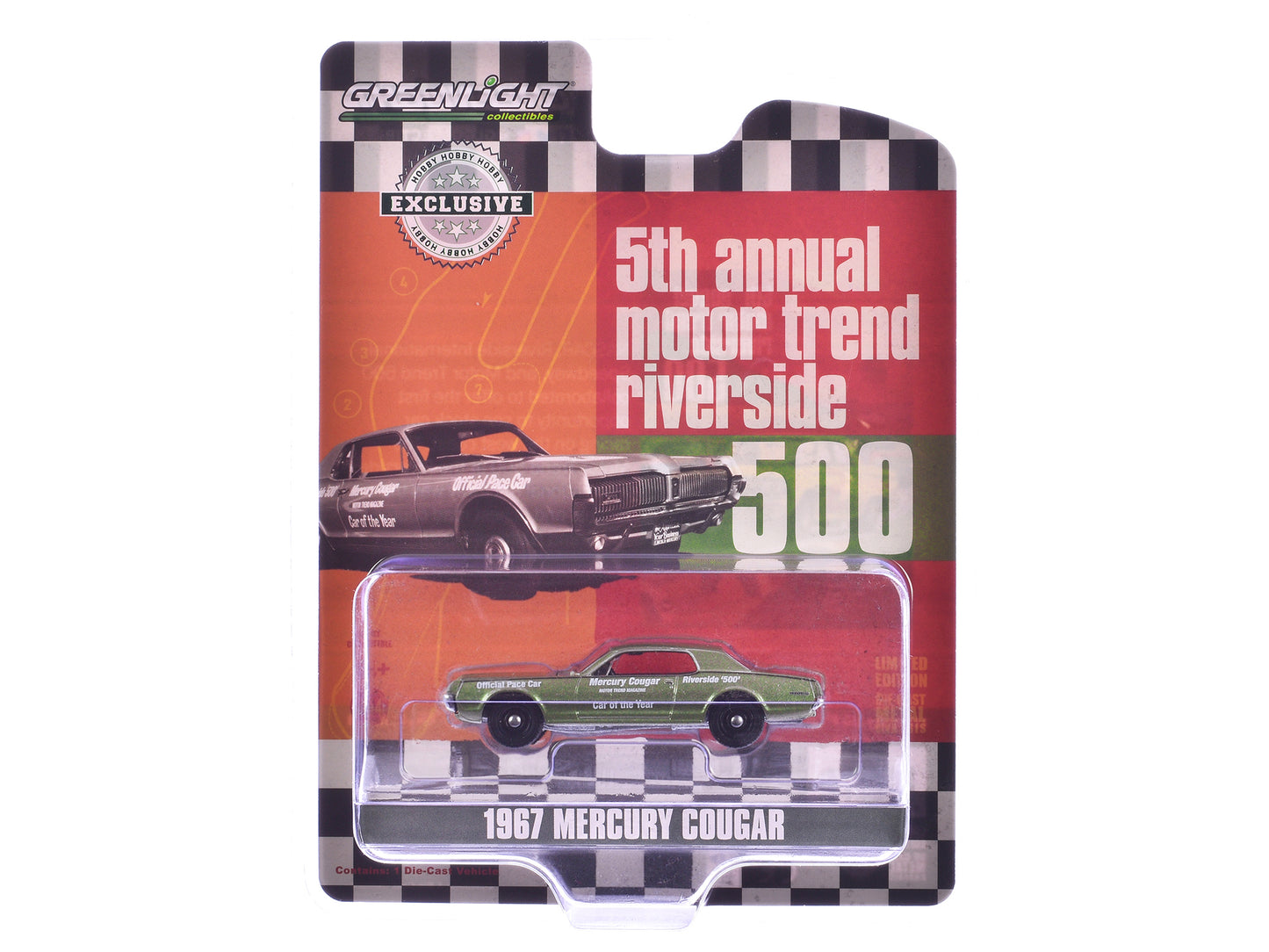 1967 Mercury Cougar "Riverside 500 Official Pace Car - Motor Trend Magazine Car of the Year" Green Metallic "Hobby Exclusive" Series 1/64 Diecast Model Car by Greenlight - Use code SHOPAPP15 to get 15 percent off